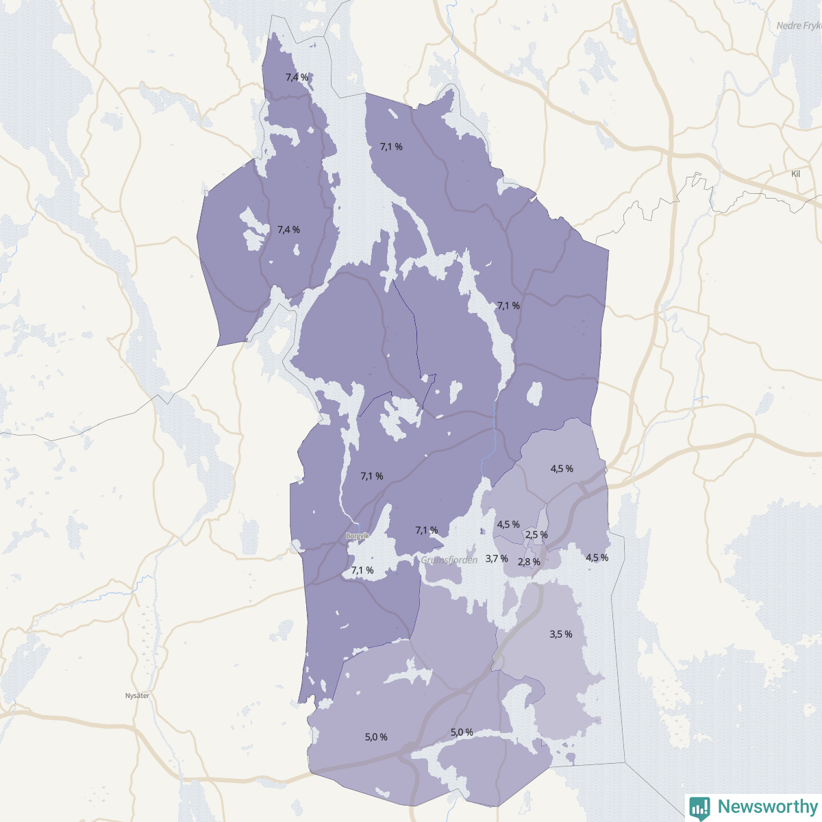 Koroplet-karta över partiets stöd i kommunens valdistrikt. Se tabell.
