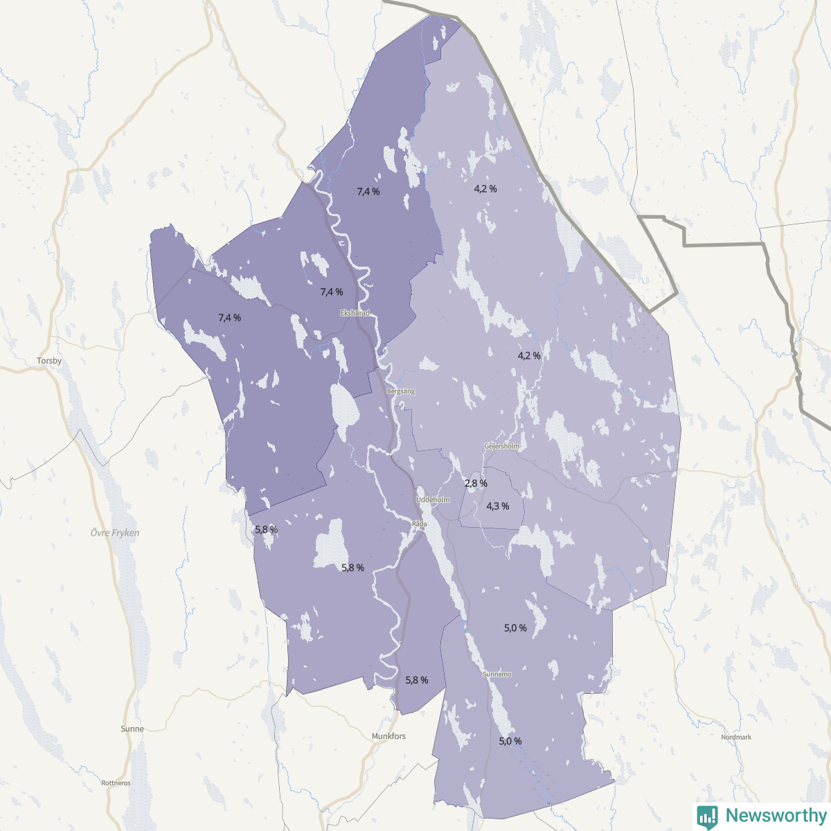 Koroplet-karta över partiets stöd i kommunens valdistrikt. Se tabell.