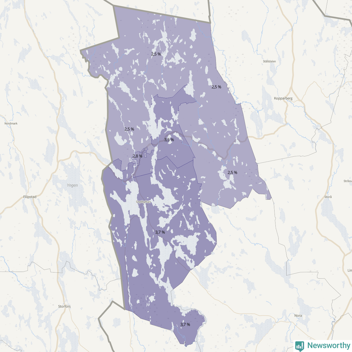 Koroplet-karta över partiets stöd i kommunens valdistrikt. Se tabell.