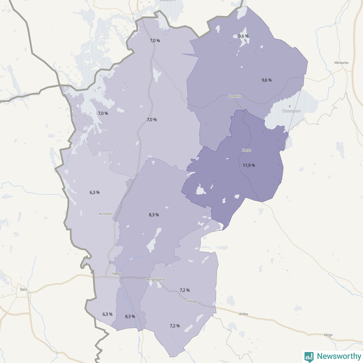 Koroplet-karta över partiets stöd i kommunens valdistrikt. Se tabell.