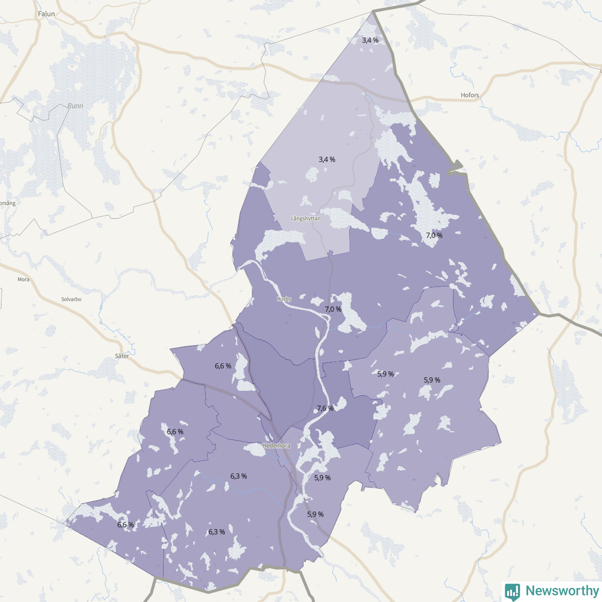 Koroplet-karta över partiets stöd i kommunens valdistrikt. Se tabell.
