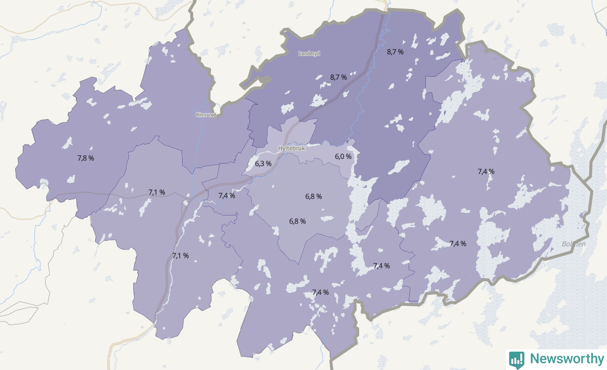 Koroplet-karta över partiets stöd i kommunens valdistrikt. Se tabell.