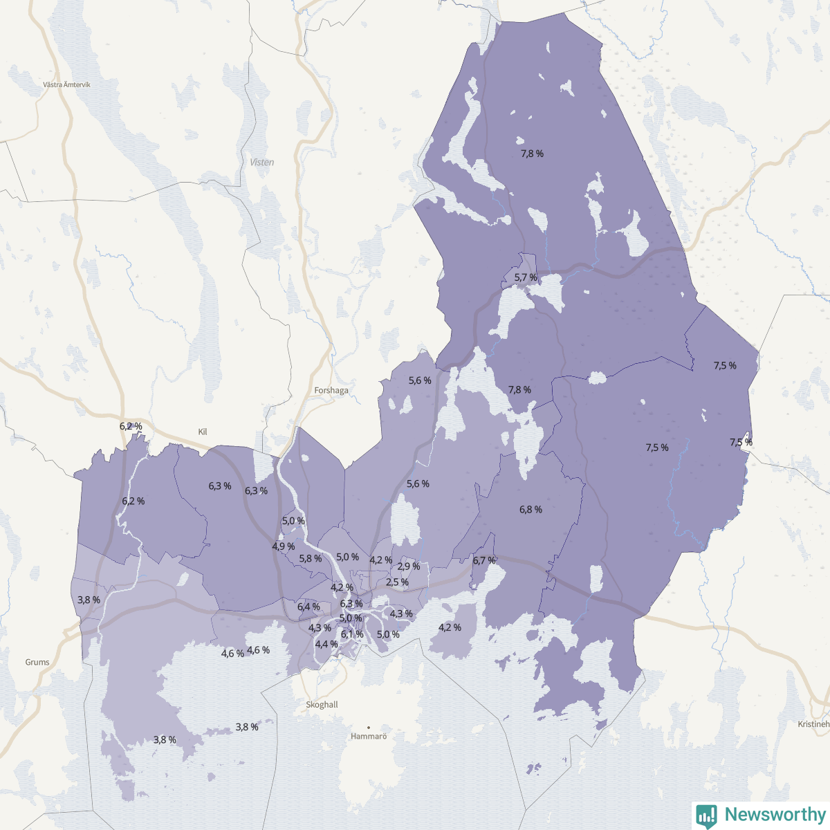 Koroplet-karta över partiets stöd i kommunens valdistrikt. Se tabell.