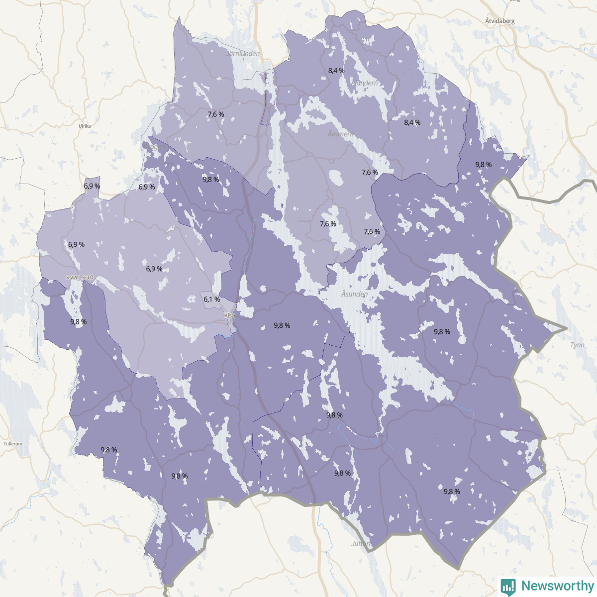 Koroplet-karta över partiets stöd i kommunens valdistrikt. Se tabell.