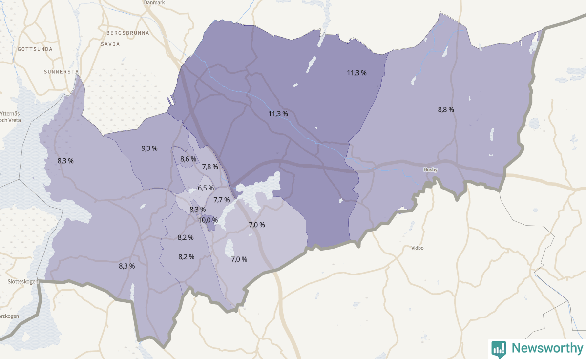 Koroplet-karta över partiets stöd i kommunens valdistrikt. Se tabell.