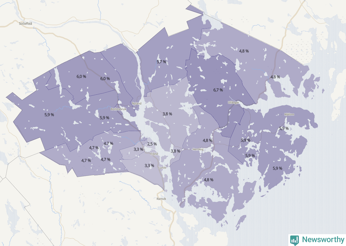 Koroplet-karta över partiets stöd i kommunens valdistrikt. Se tabell.