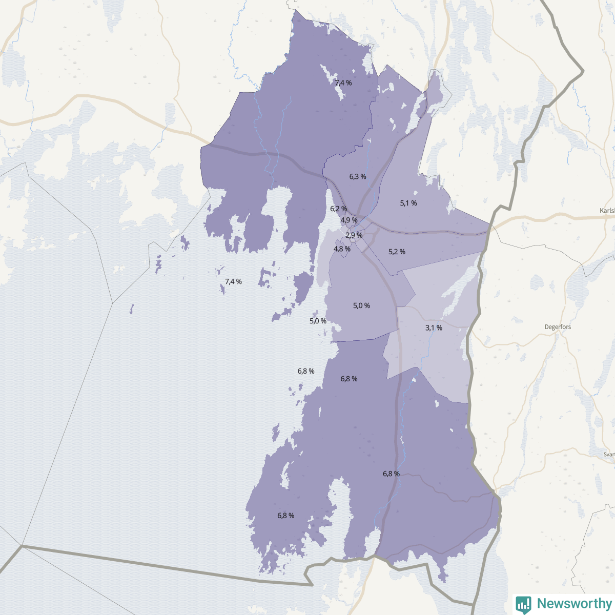 Koroplet-karta över partiets stöd i kommunens valdistrikt. Se tabell.