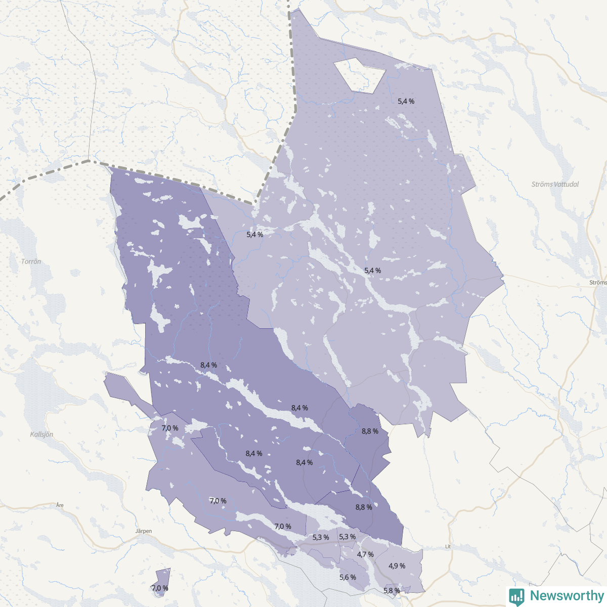 Koroplet-karta över partiets stöd i kommunens valdistrikt. Se tabell.