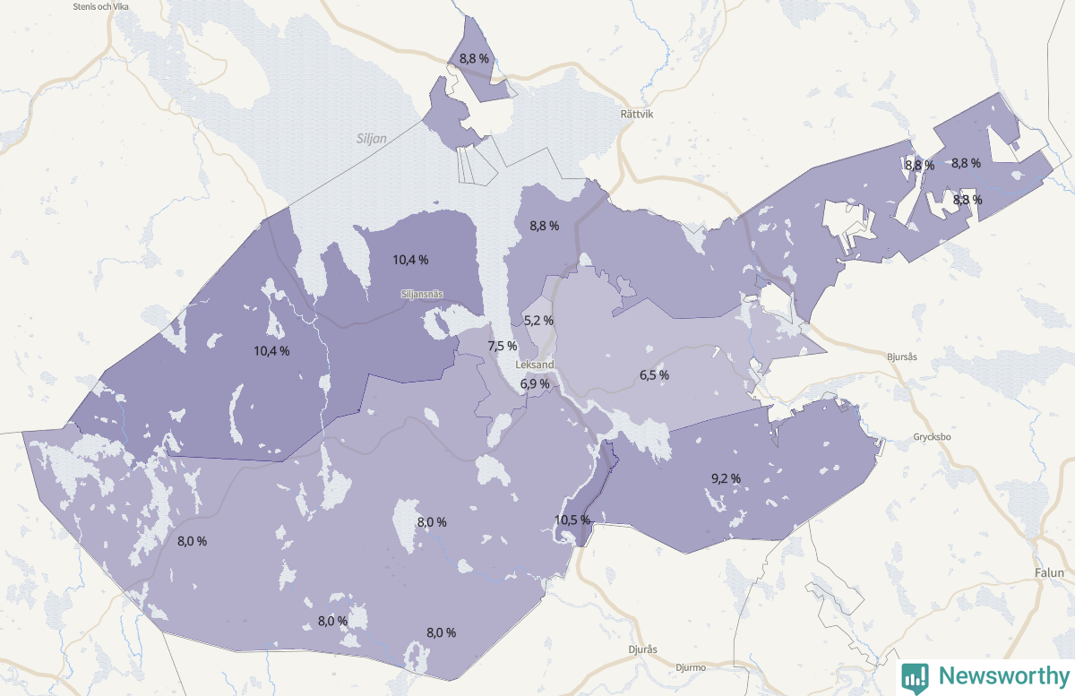 Koroplet-karta över partiets stöd i kommunens valdistrikt. Se tabell.