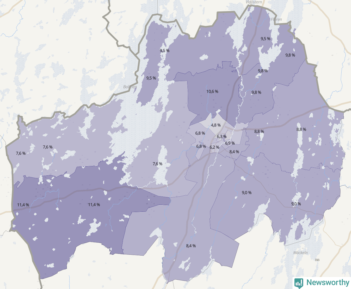 Koroplet-karta över partiets stöd i kommunens valdistrikt. Se tabell.