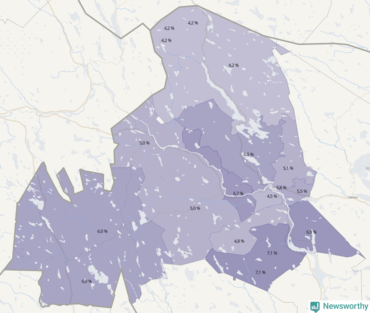 Koroplet-karta över partiets stöd i kommunens valdistrikt. Se tabell.