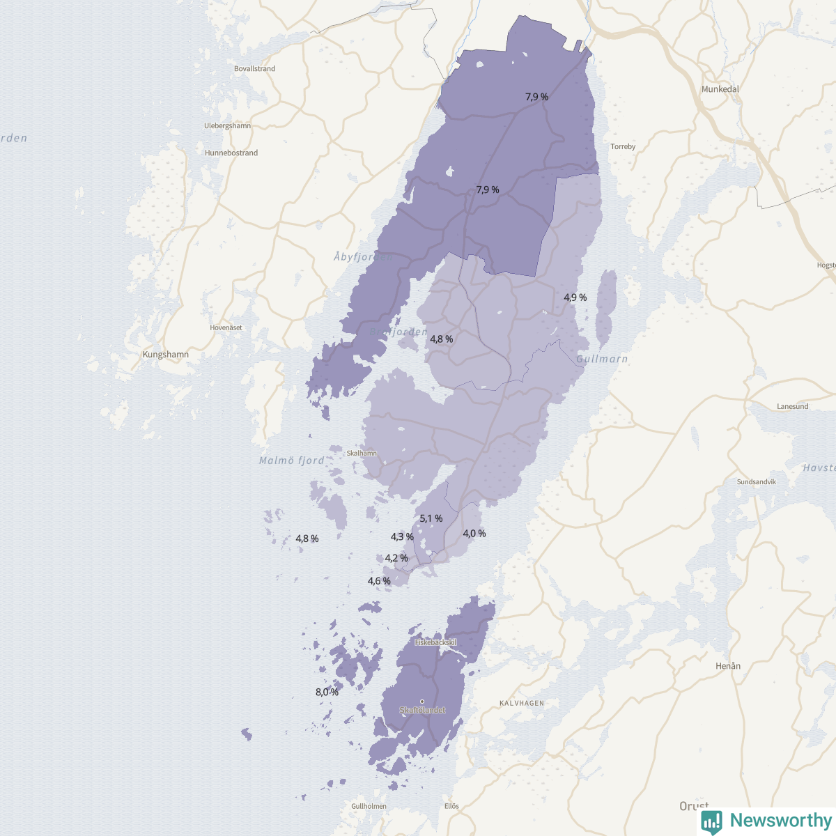 Koroplet-karta över partiets stöd i kommunens valdistrikt. Se tabell.