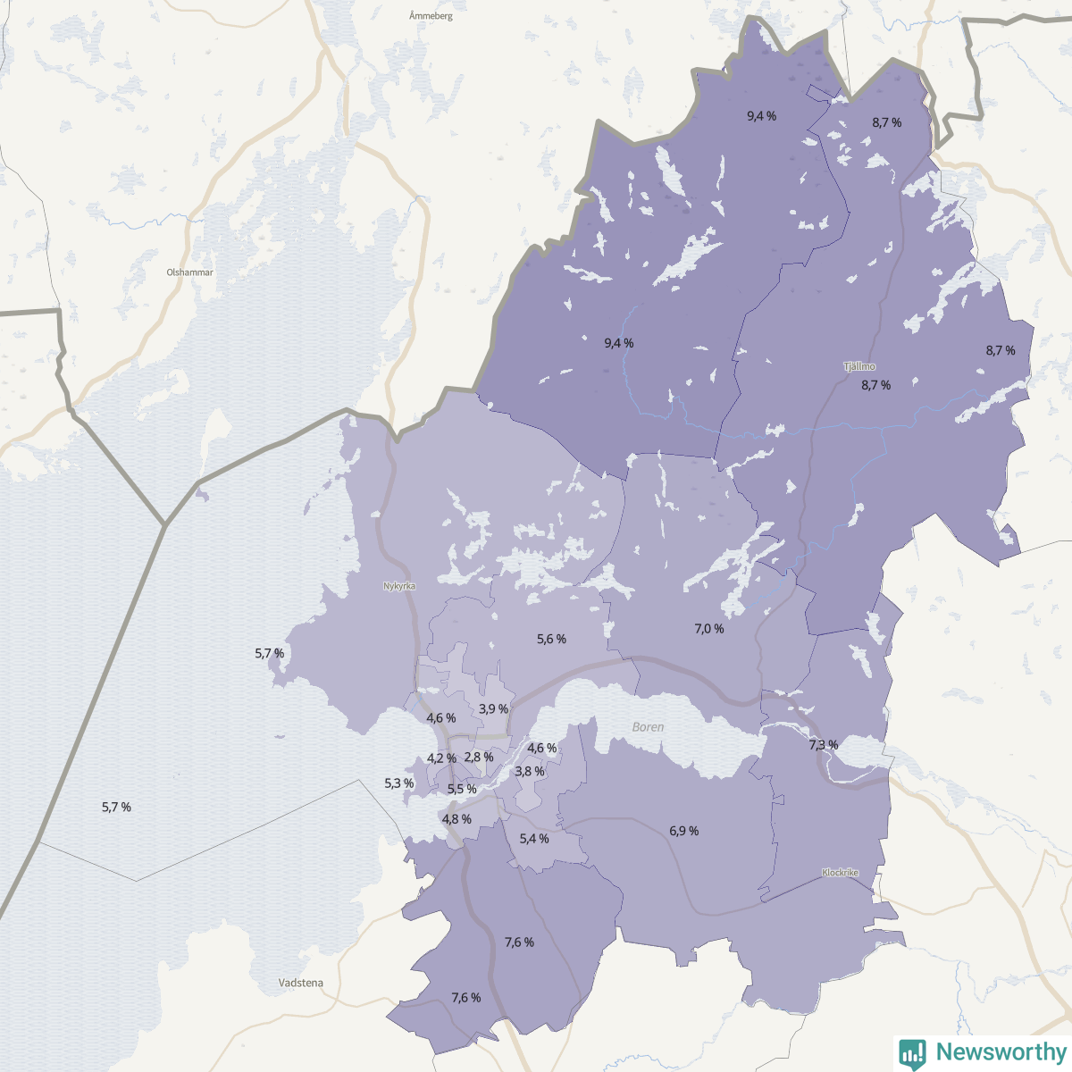 Koroplet-karta över partiets stöd i kommunens valdistrikt. Se tabell.