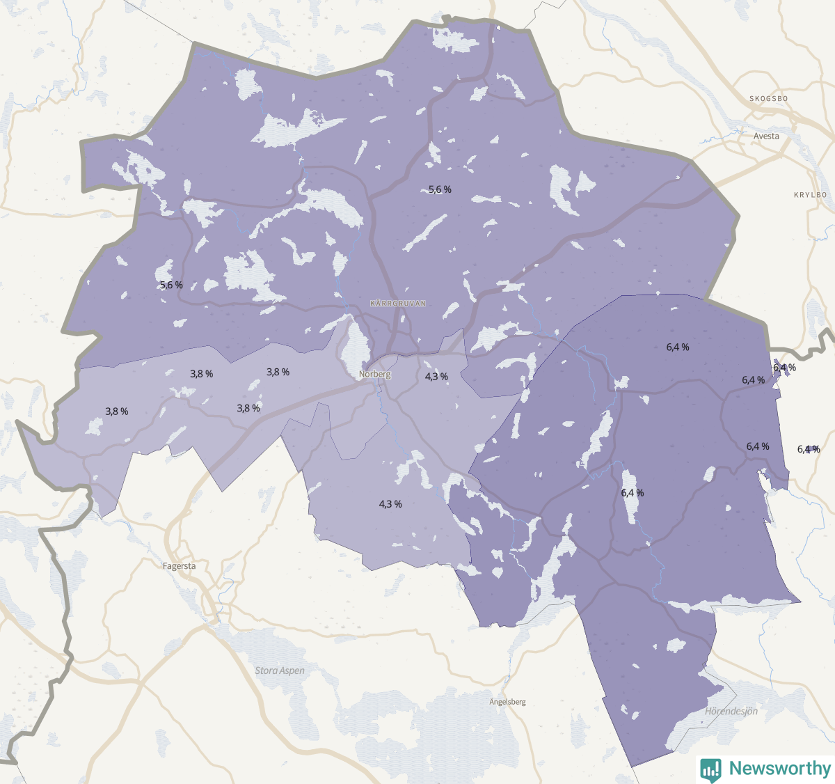 Koroplet-karta över partiets stöd i kommunens valdistrikt. Se tabell.