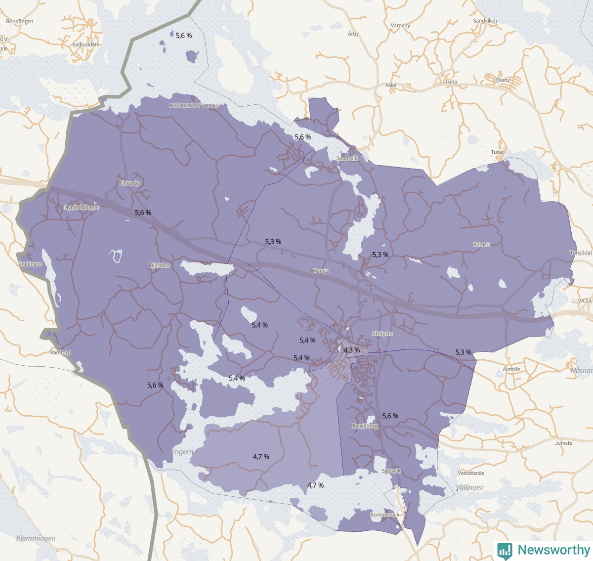 Koroplet-karta över partiets stöd i kommunens valdistrikt. Se tabell.