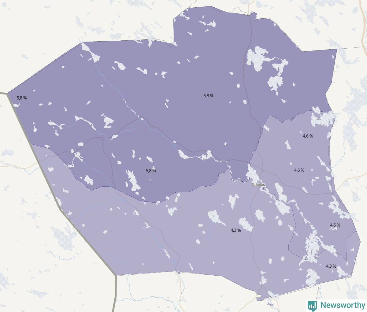 Koroplet-karta över partiets stöd i kommunens valdistrikt. Se tabell.