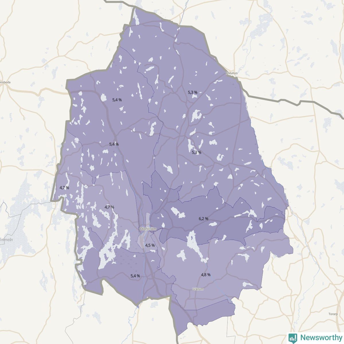 Koroplet-karta över partiets stöd i kommunens valdistrikt. Se tabell.