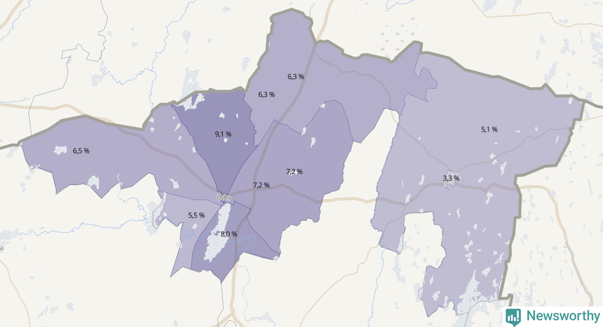 Koroplet-karta över partiets stöd i kommunens valdistrikt. Se tabell.