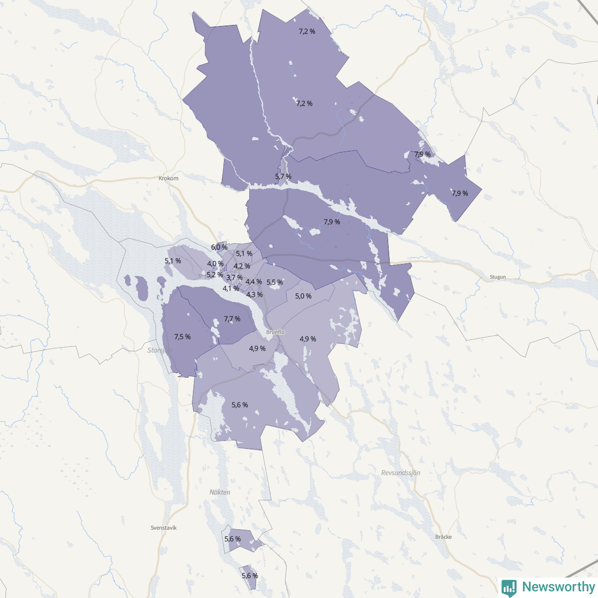 Koroplet-karta över partiets stöd i kommunens valdistrikt. Se tabell.