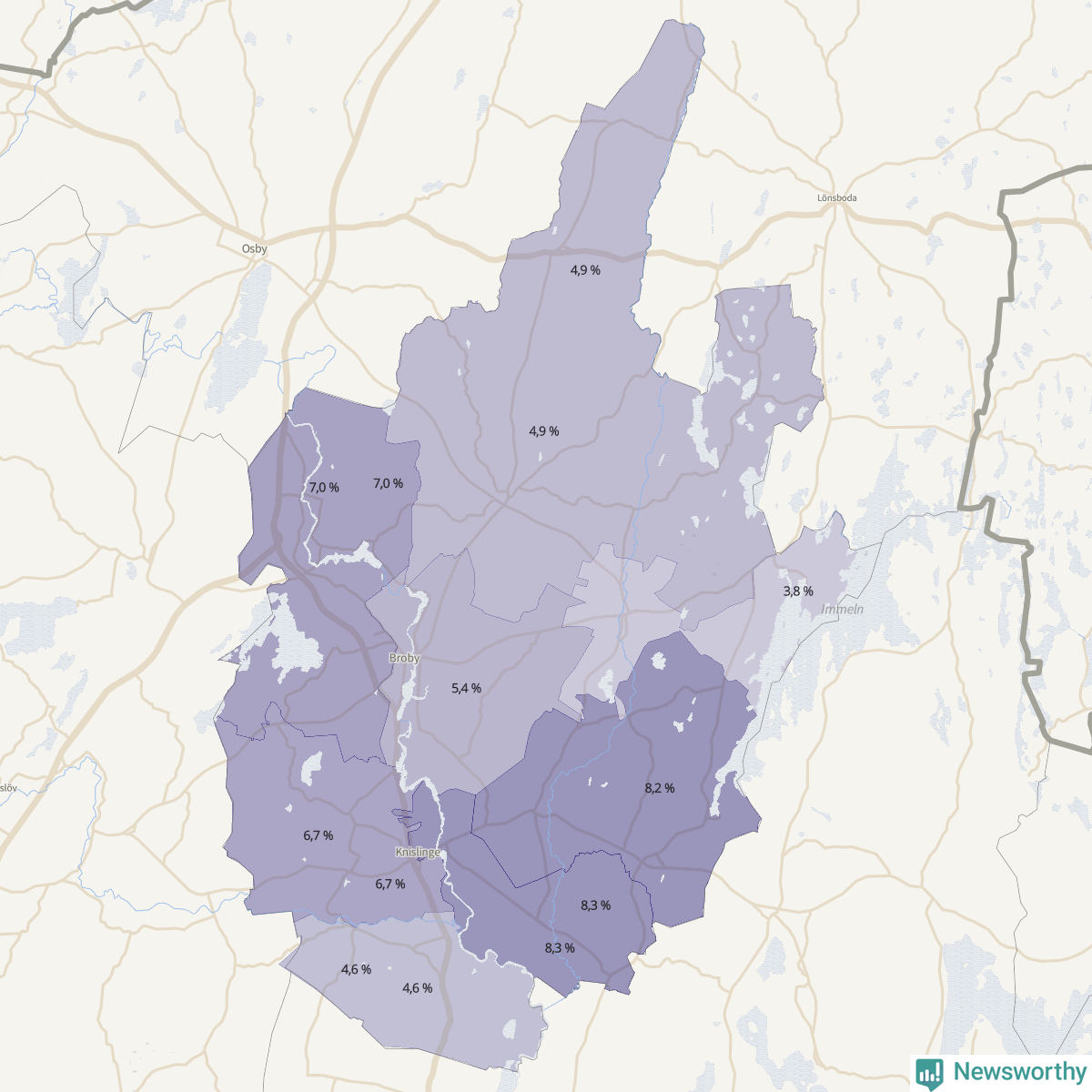 Koroplet-karta över partiets stöd i kommunens valdistrikt. Se tabell.