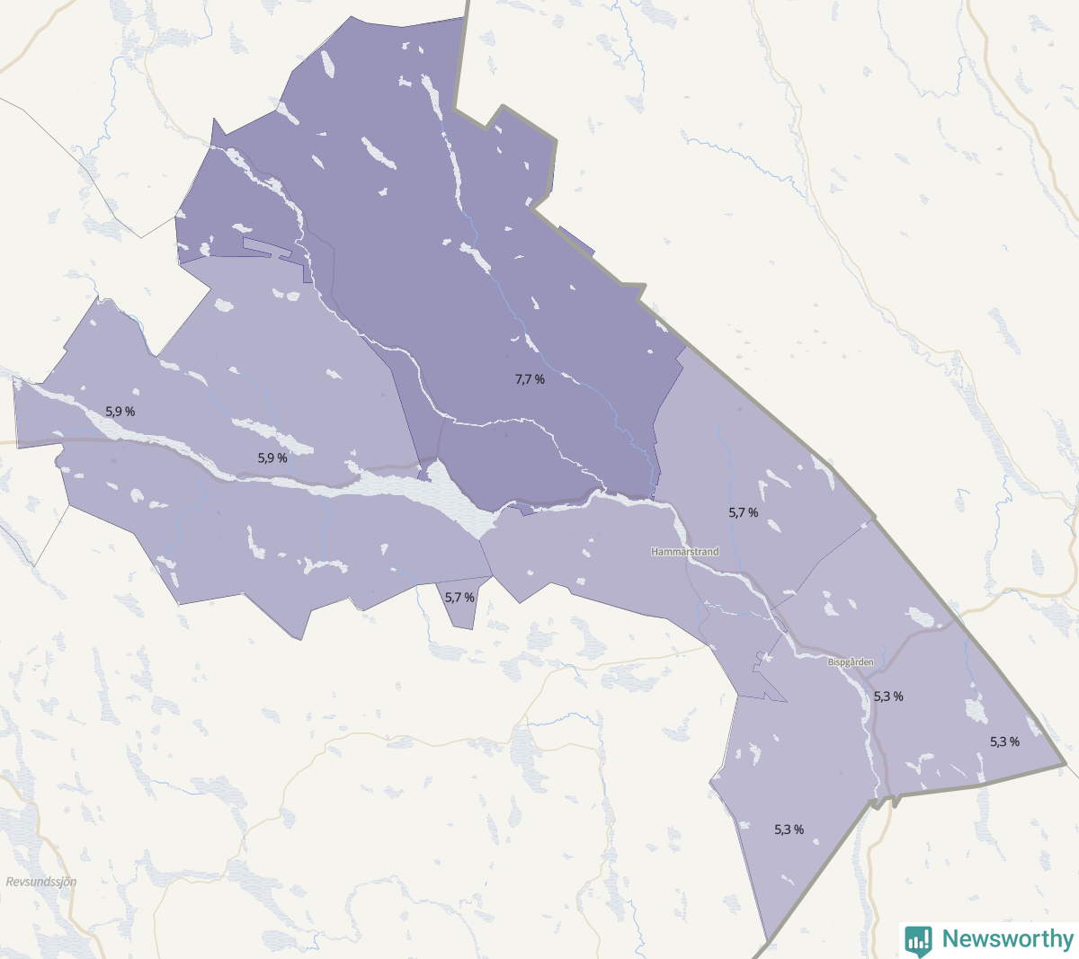 Koroplet-karta över partiets stöd i kommunens valdistrikt. Se tabell.
