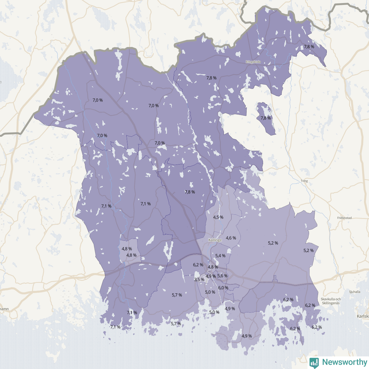 Koroplet-karta över partiets stöd i kommunens valdistrikt. Se tabell.