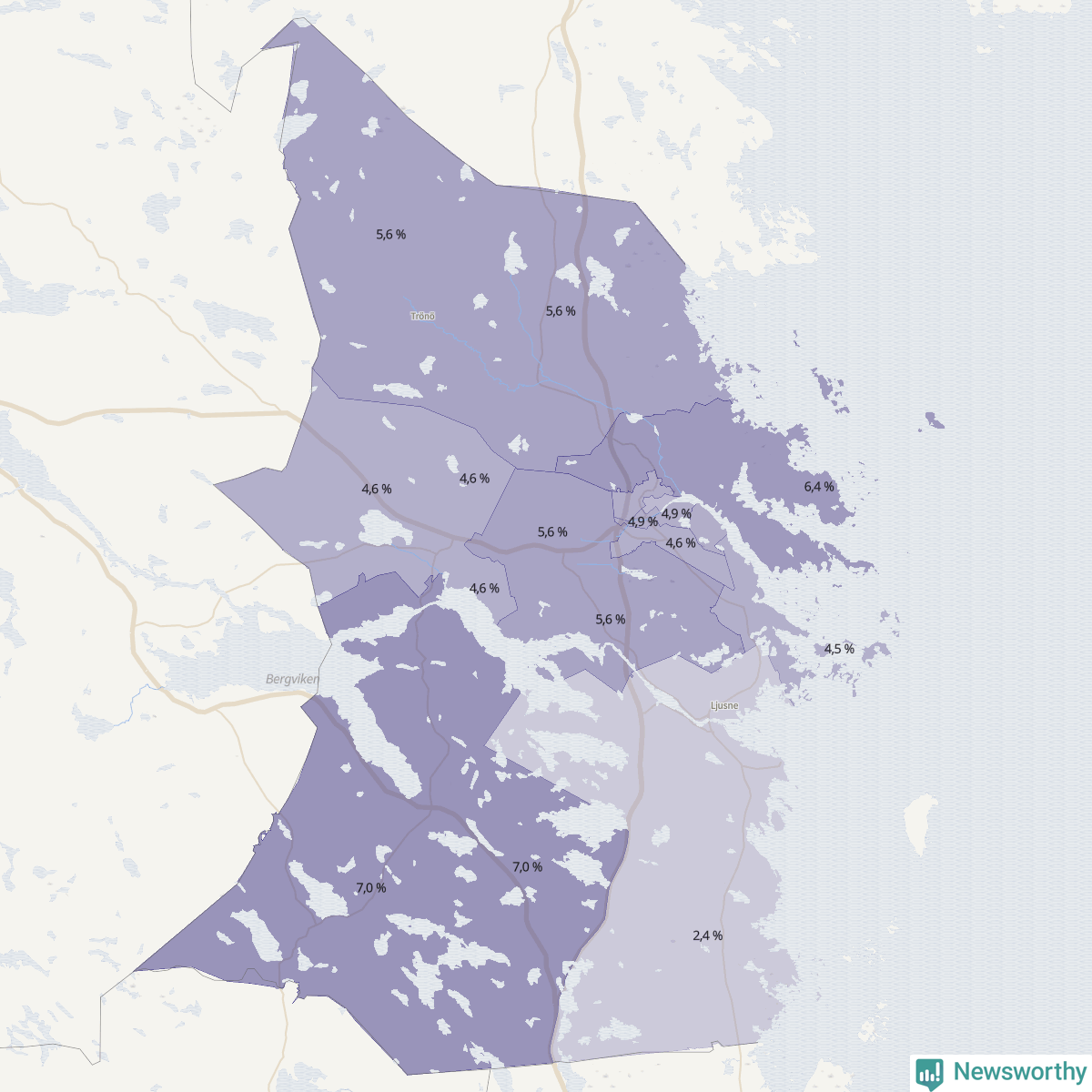 Koroplet-karta över partiets stöd i kommunens valdistrikt. Se tabell.