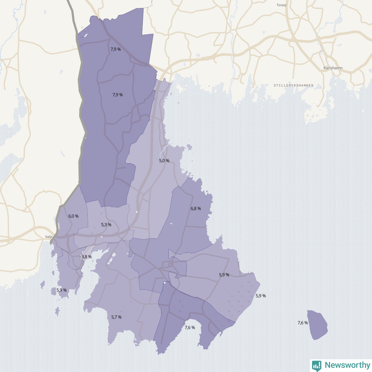 Koroplet-karta över partiets stöd i kommunens valdistrikt. Se tabell.