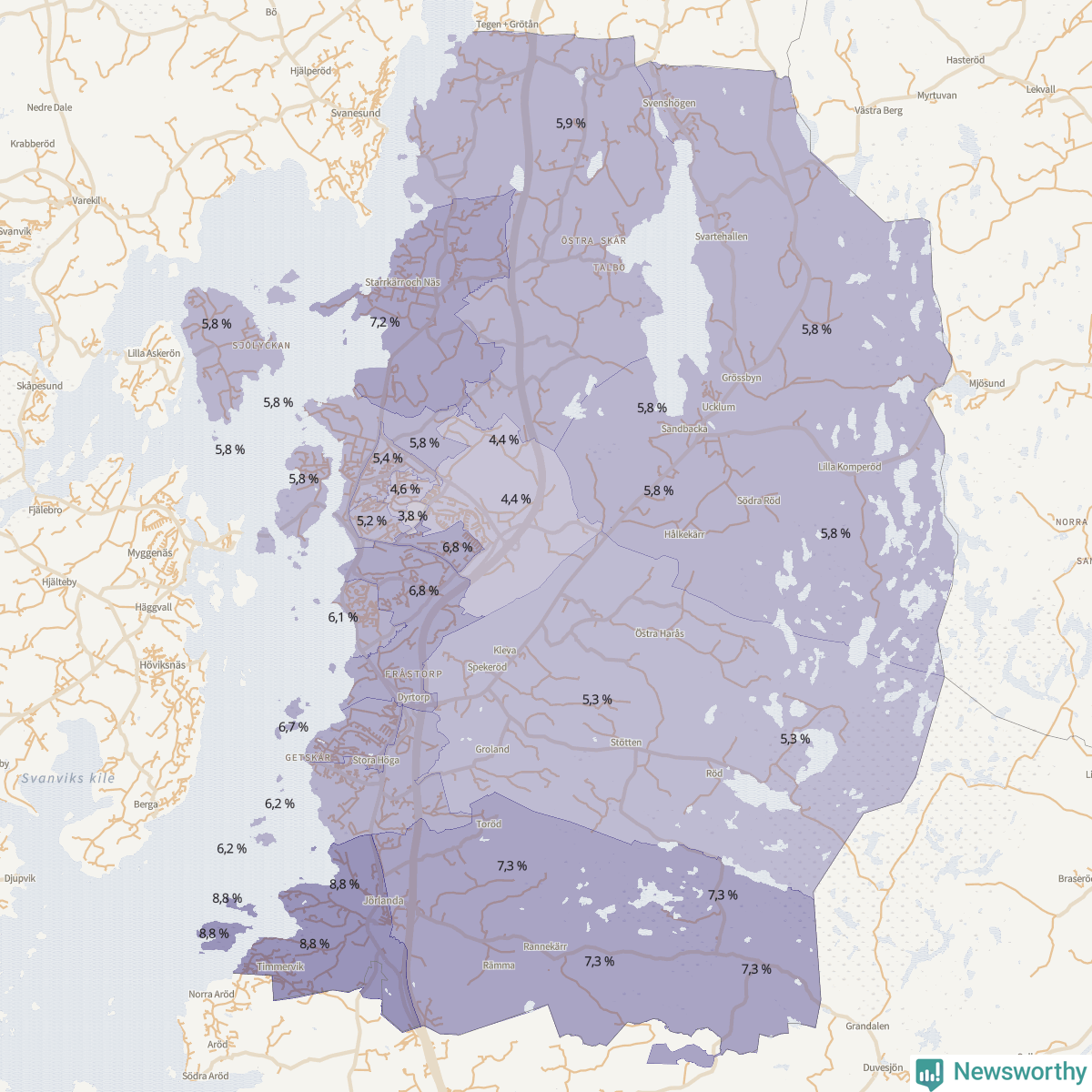 Koroplet-karta över partiets stöd i kommunens valdistrikt. Se tabell.