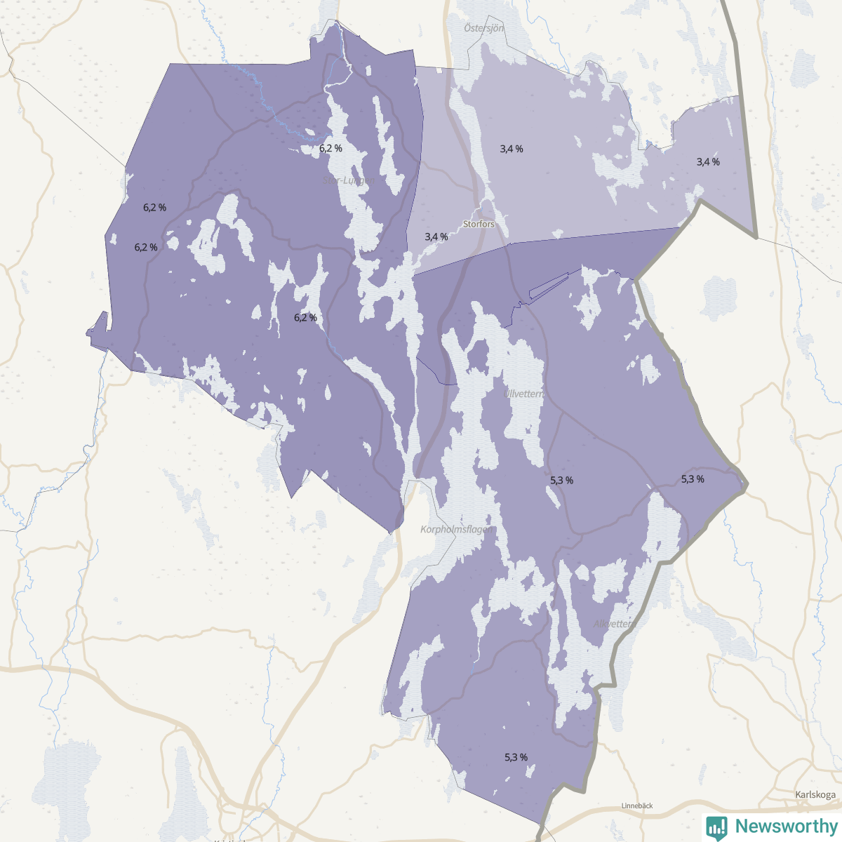 Koroplet-karta över partiets stöd i kommunens valdistrikt. Se tabell.