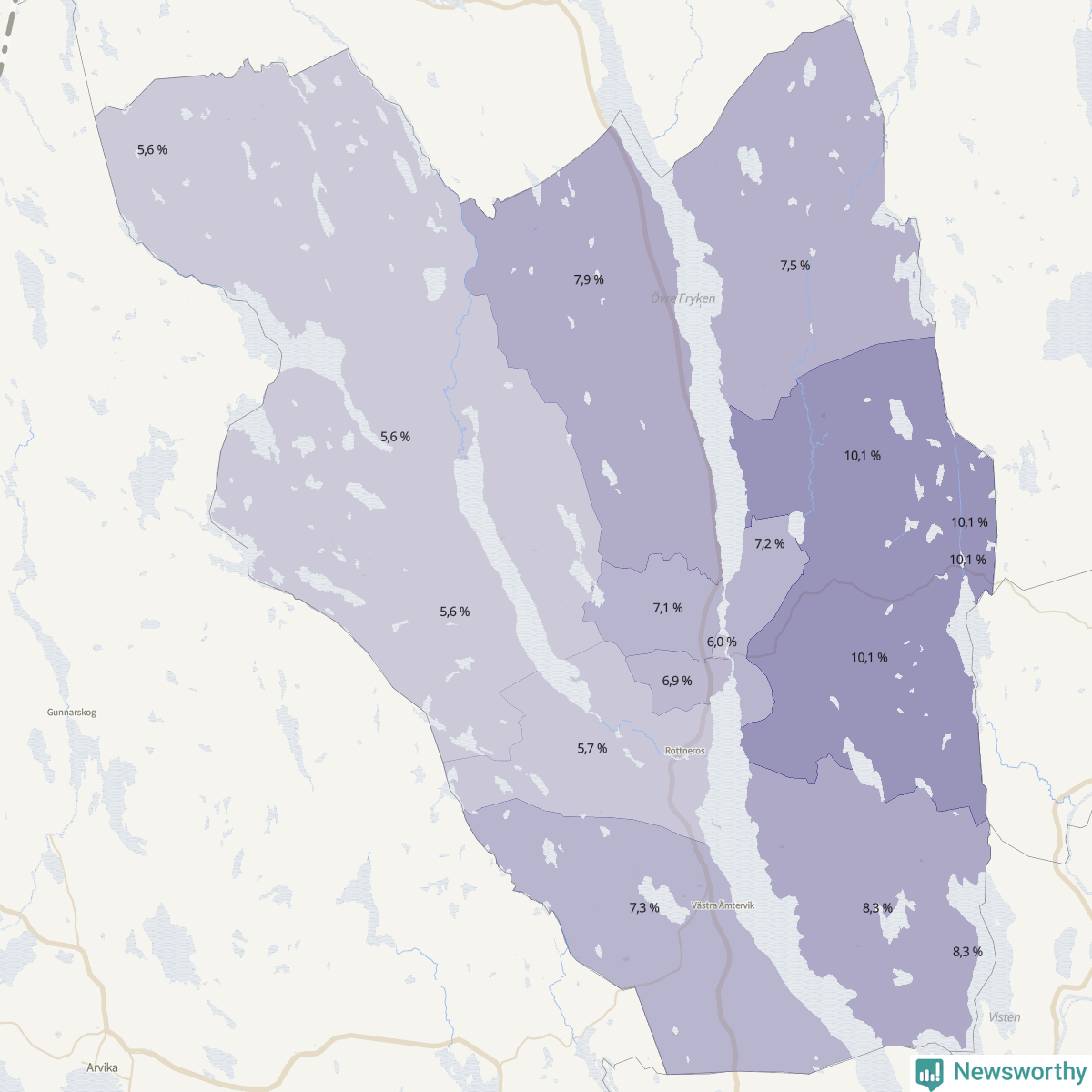Koroplet-karta över partiets stöd i kommunens valdistrikt. Se tabell.