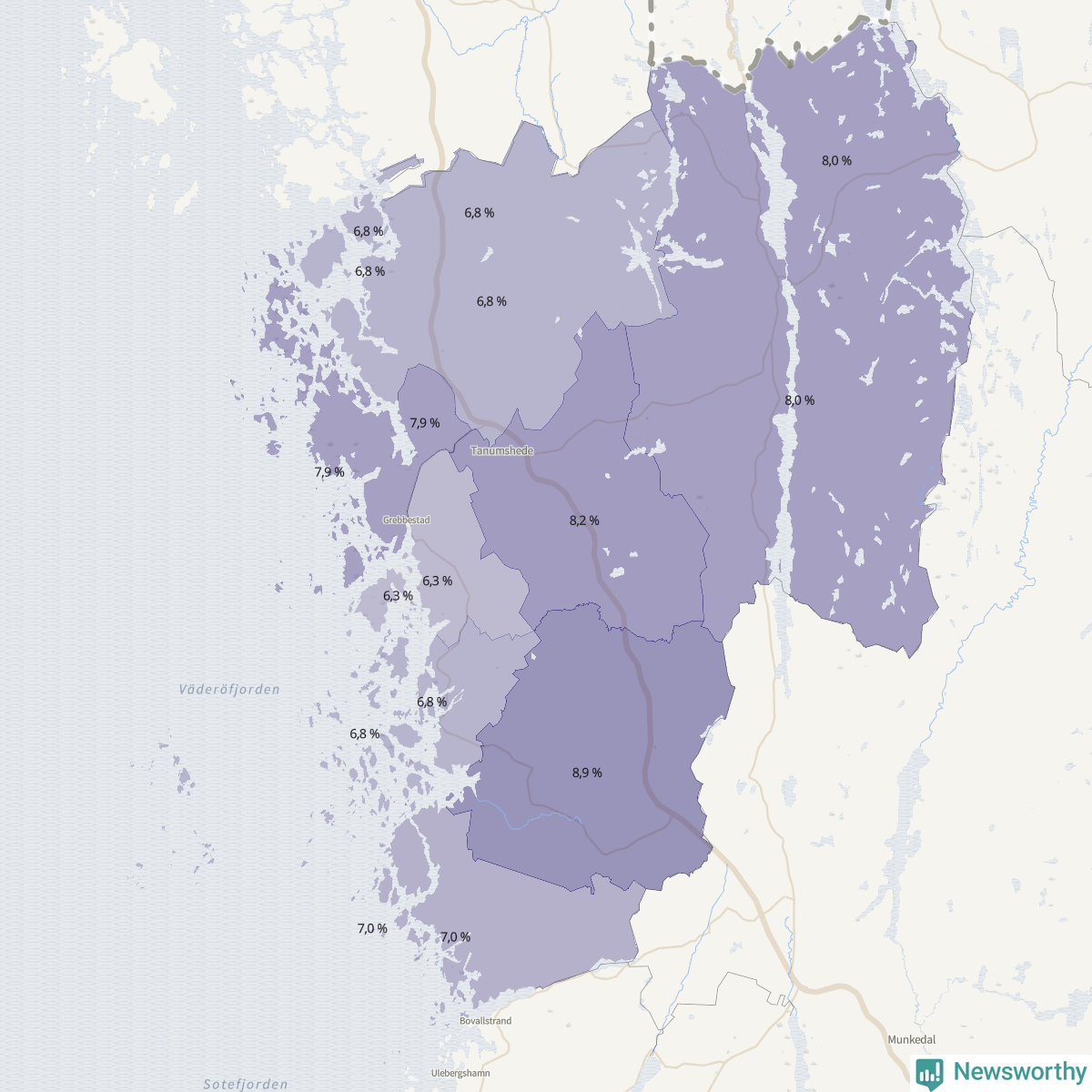 Koroplet-karta över partiets stöd i kommunens valdistrikt. Se tabell.