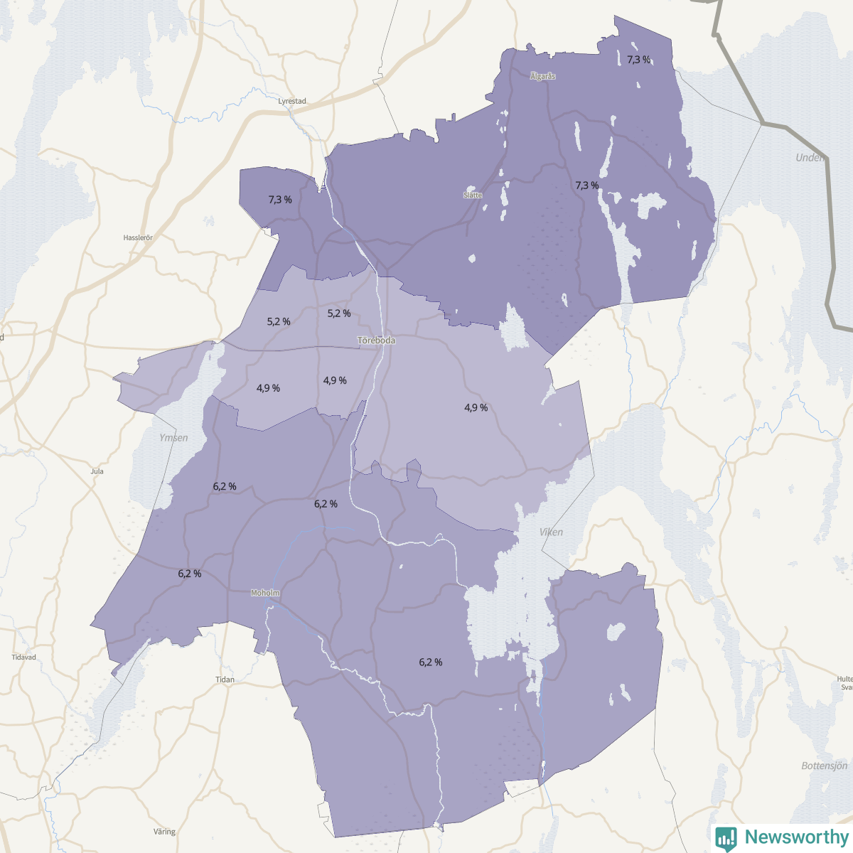 Koroplet-karta över partiets stöd i kommunens valdistrikt. Se tabell.