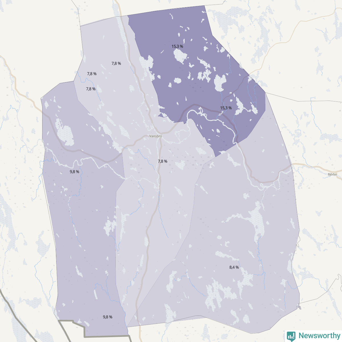 Koroplet-karta över partiets stöd i kommunens valdistrikt. Se tabell.