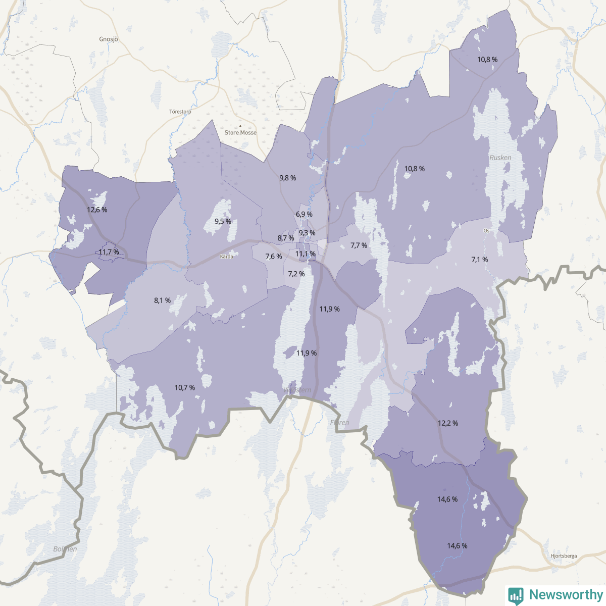 Koroplet-karta över partiets stöd i kommunens valdistrikt. Se tabell.