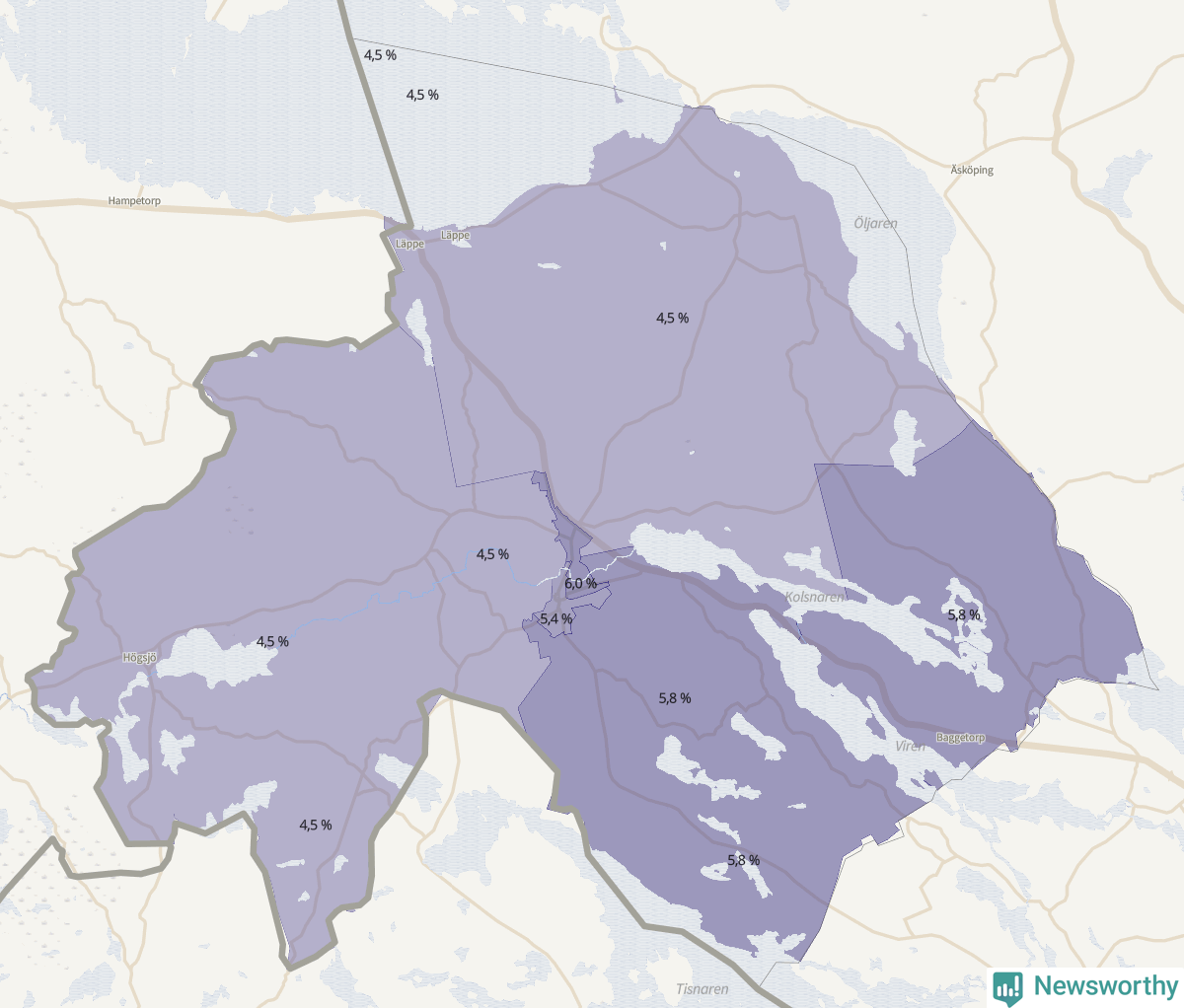 Koroplet-karta över partiets stöd i kommunens valdistrikt. Se tabell.