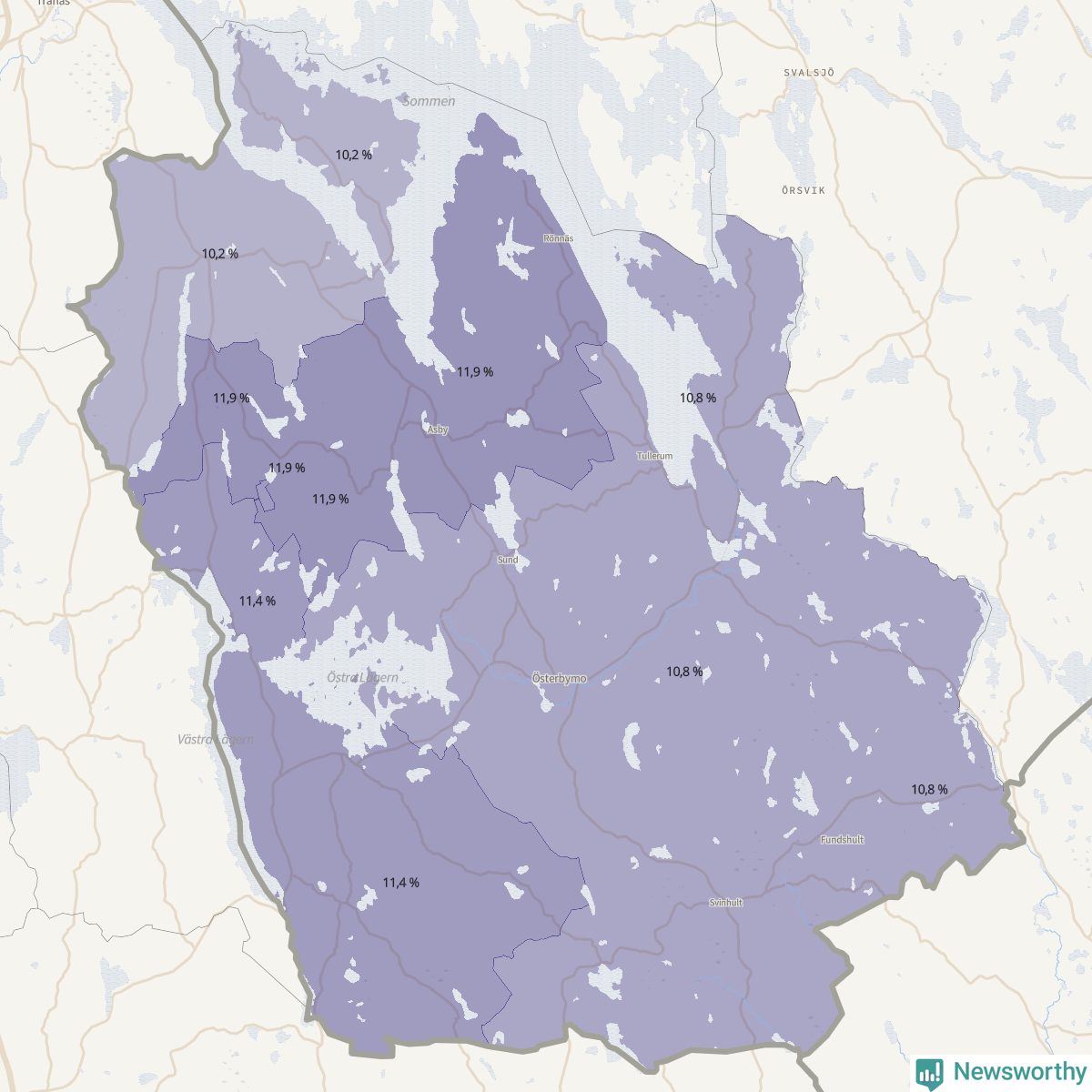 Koroplet-karta över partiets stöd i kommunens valdistrikt. Se tabell.