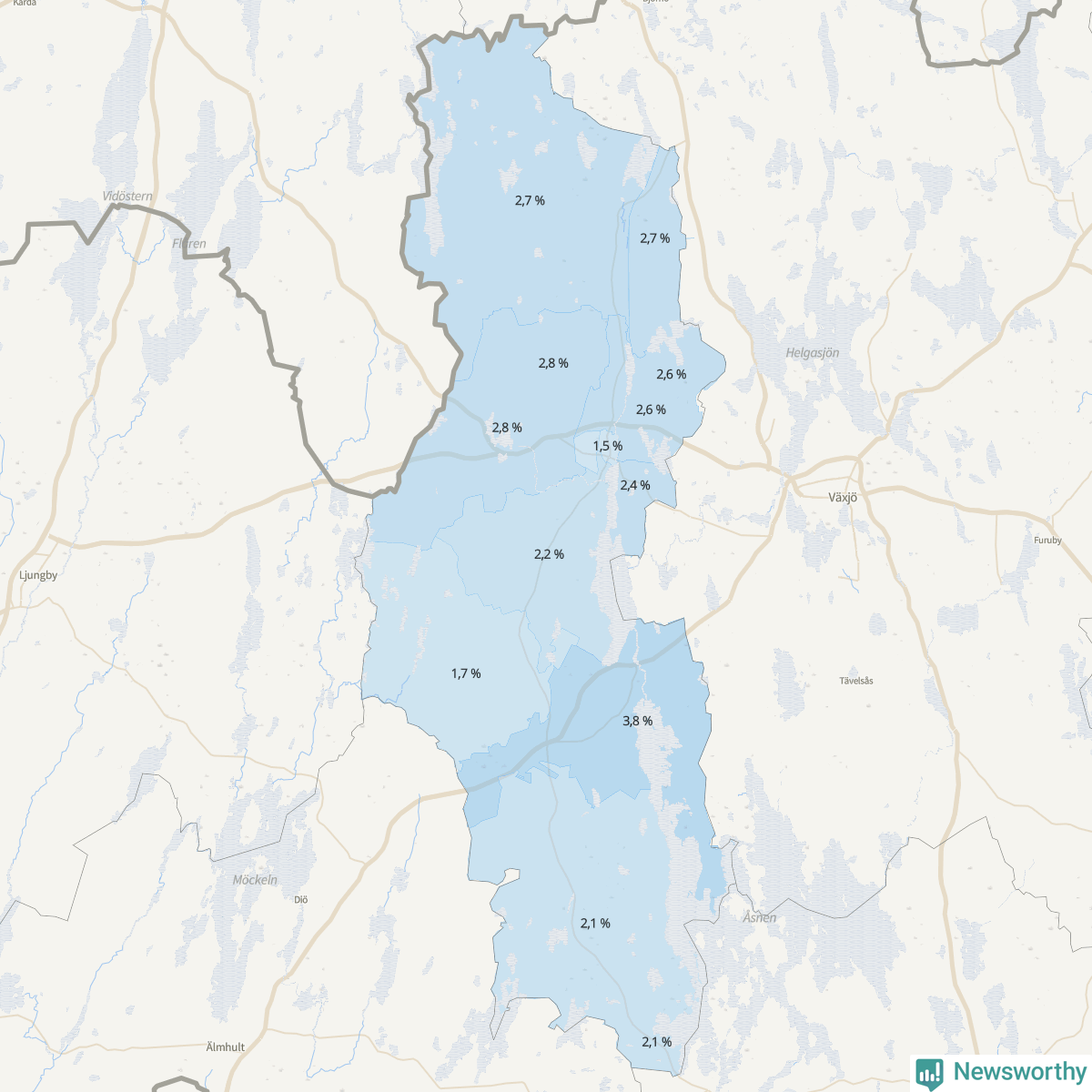 Koroplet-karta över partiets stöd i kommunens valdistrikt. Se tabell.