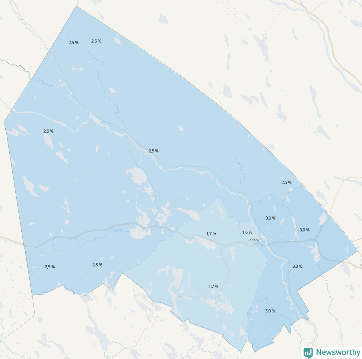 Koroplet-karta över partiets stöd i kommunens valdistrikt. Se tabell.