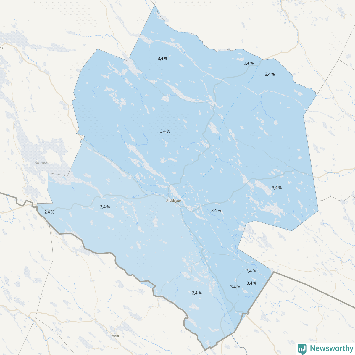 Koroplet-karta över partiets stöd i kommunens valdistrikt. Se tabell.