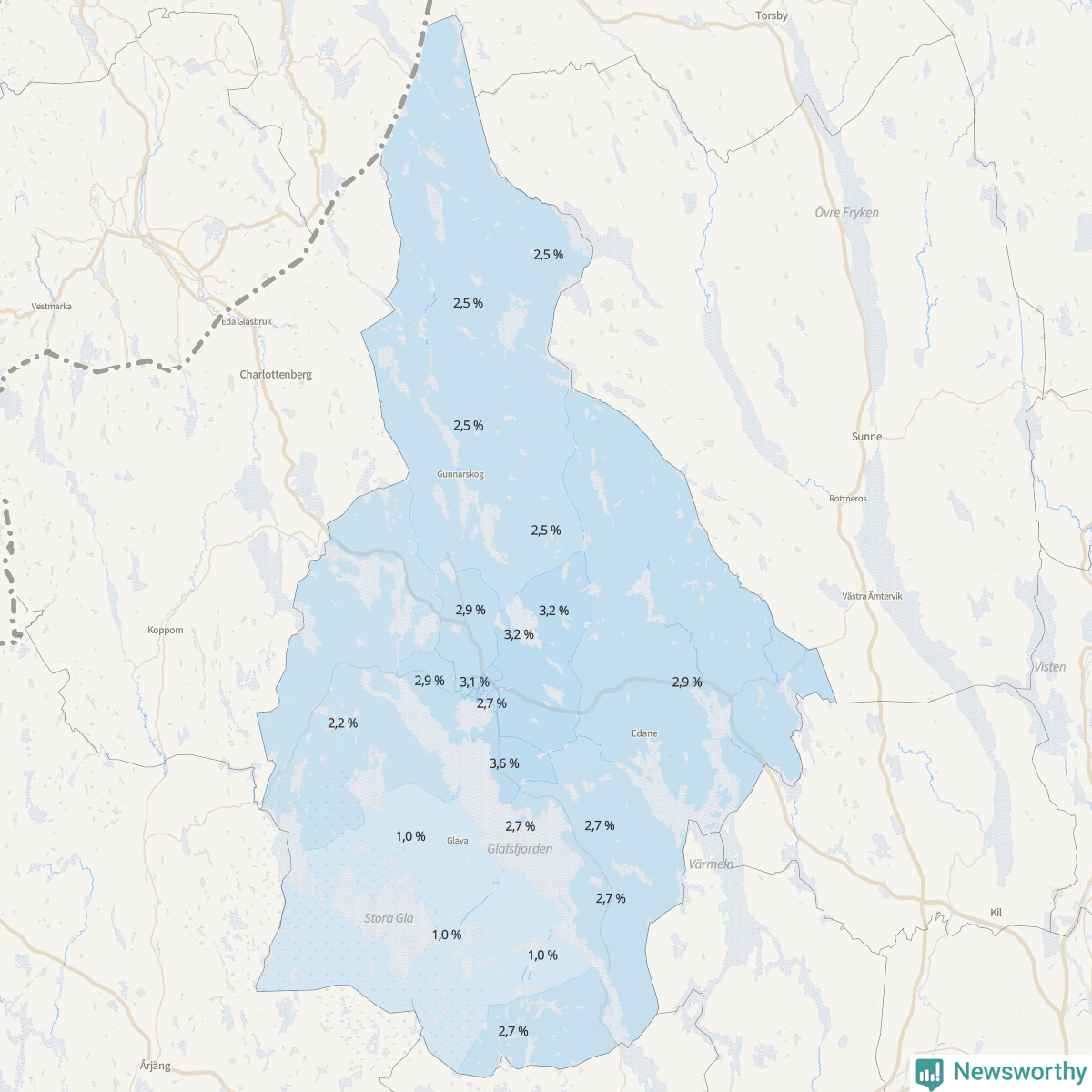 Koroplet-karta över partiets stöd i kommunens valdistrikt. Se tabell.