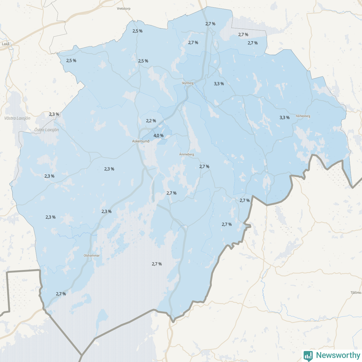 Koroplet-karta över partiets stöd i kommunens valdistrikt. Se tabell.