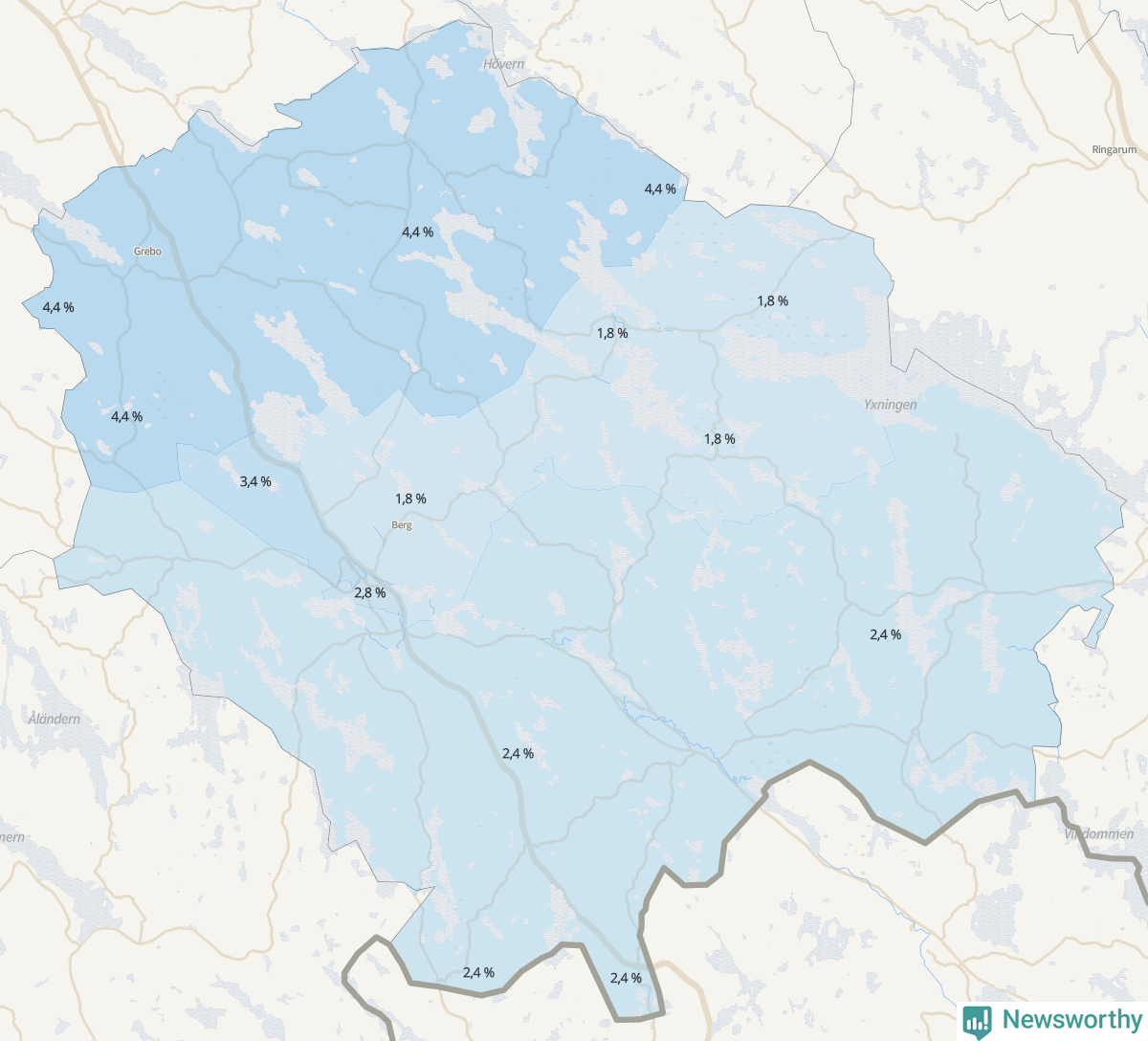 Koroplet-karta över partiets stöd i kommunens valdistrikt. Se tabell.