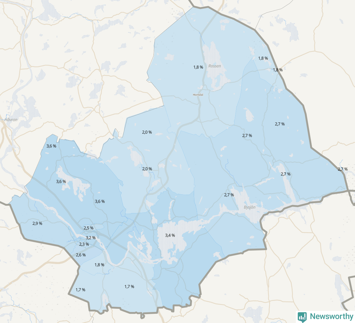 Koroplet-karta över partiets stöd i kommunens valdistrikt. Se tabell.
