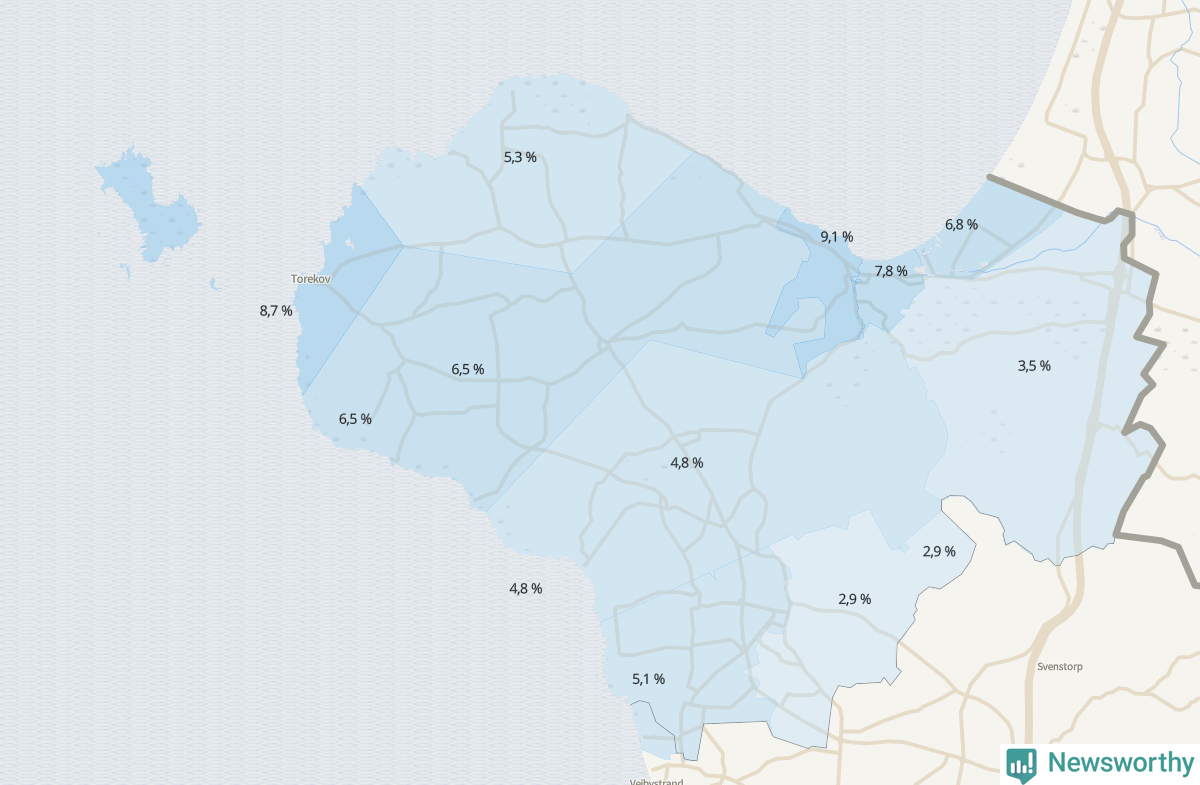 Koroplet-karta över partiets stöd i kommunens valdistrikt. Se tabell.