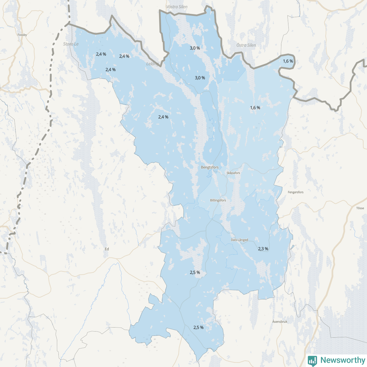 Koroplet-karta över partiets stöd i kommunens valdistrikt. Se tabell.