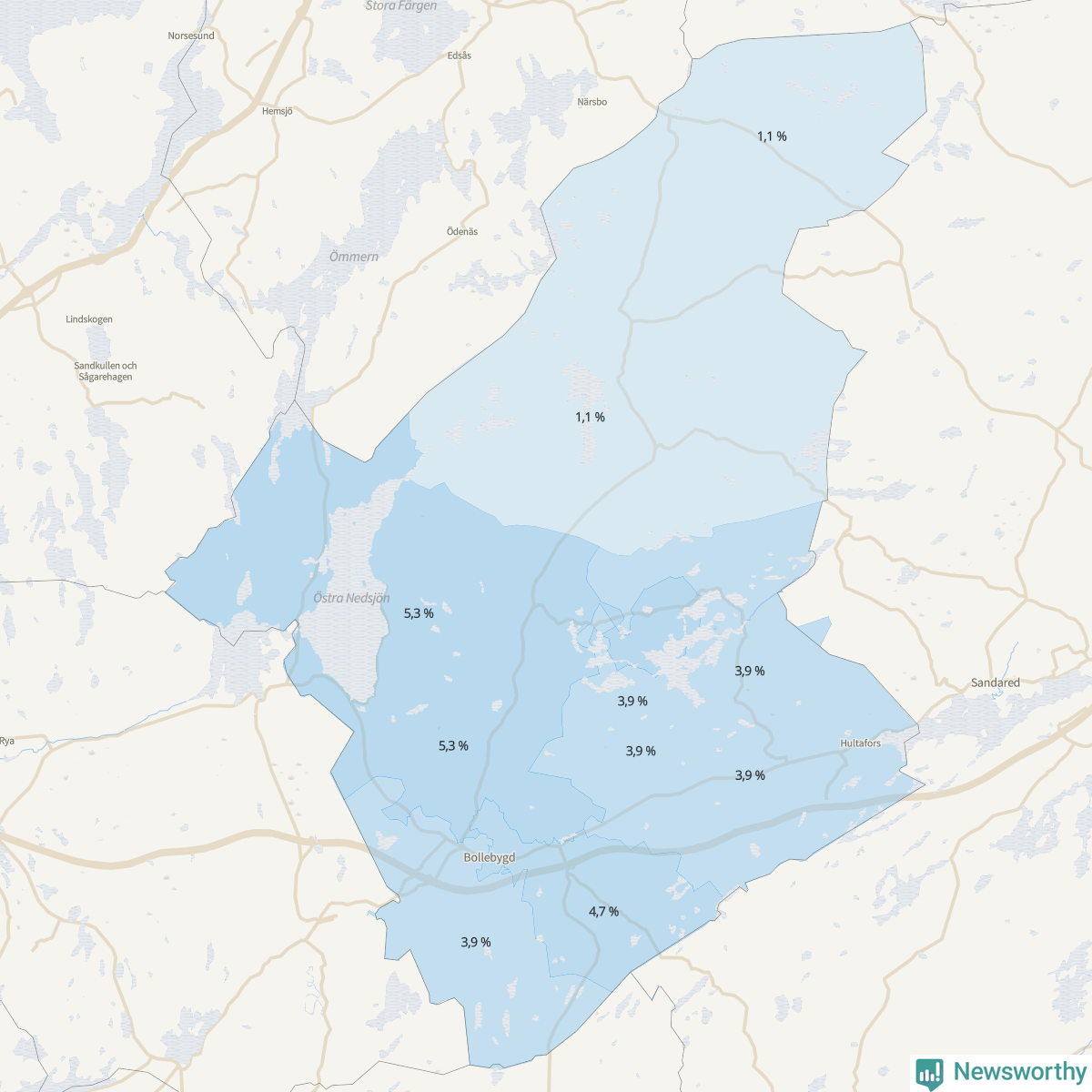 Koroplet-karta över partiets stöd i kommunens valdistrikt. Se tabell.