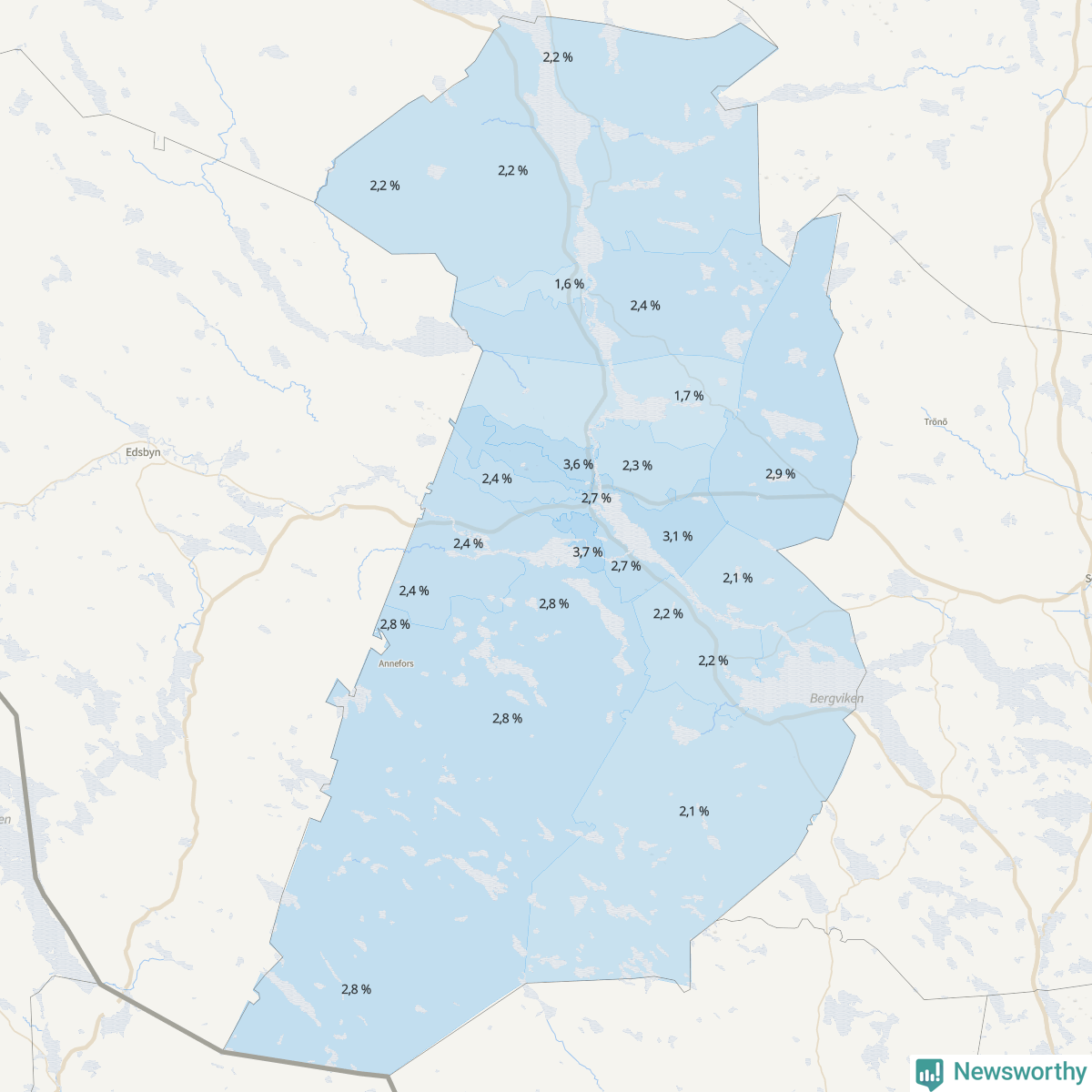 Koroplet-karta över partiets stöd i kommunens valdistrikt. Se tabell.