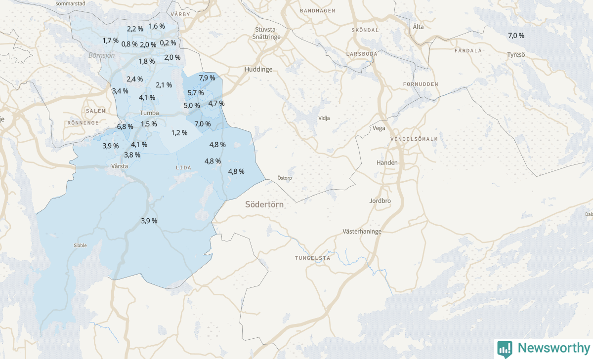 Koroplet-karta över partiets stöd i kommunens valdistrikt. Se tabell.