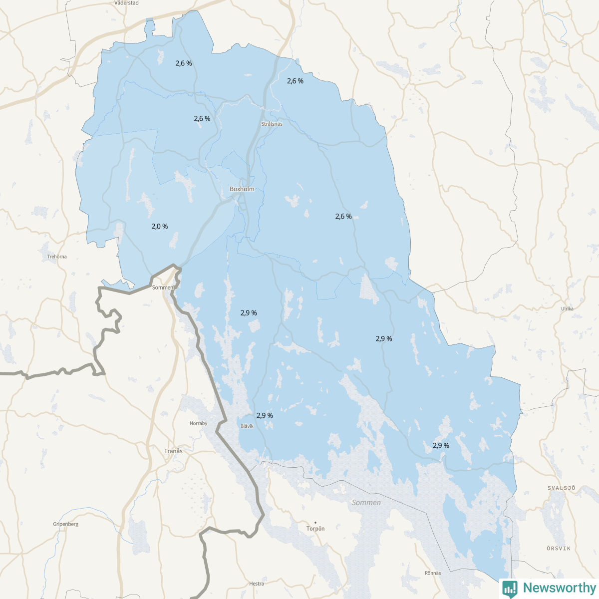 Koroplet-karta över partiets stöd i kommunens valdistrikt. Se tabell.